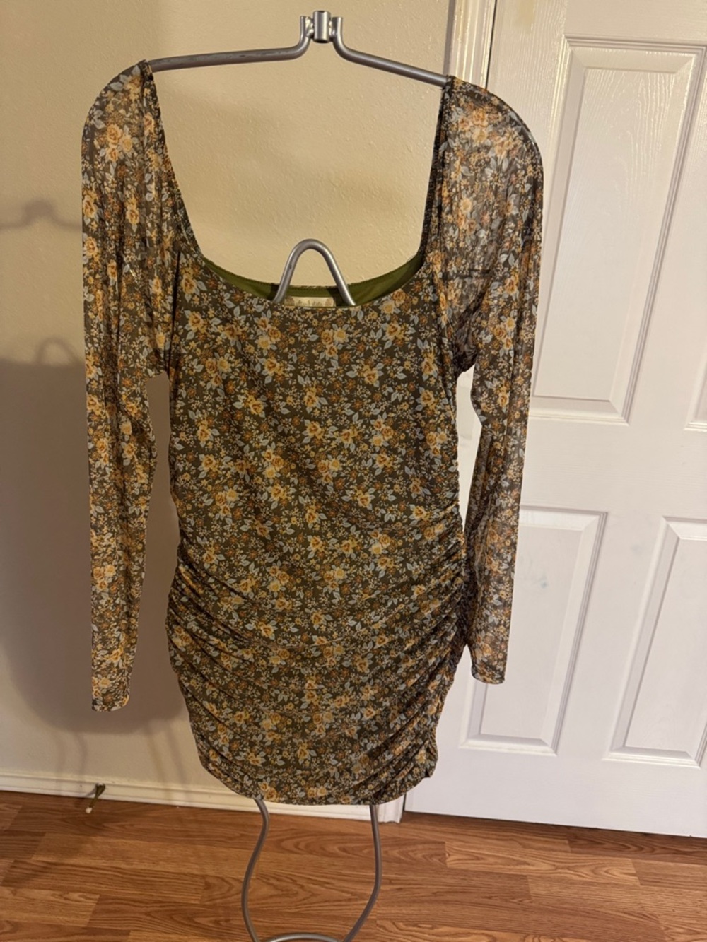 Altar'd State Olive Green Floral Long-Sleeve Ruched Dress